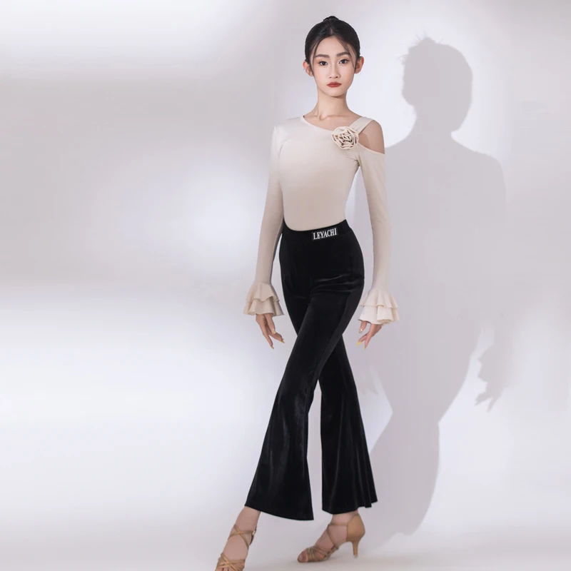 2025년 신상 라틴 댄스 바지 소녀용 긴 소매 라틴 바지 연습복 삼바 차차 탱고 어린이 라틴 댄스 의상 DQS20933