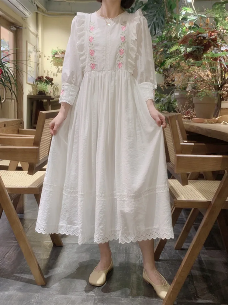 AIGYPTOS Spring Summer White Dress For Women Vintage Elegant Slim Lace Embroidery Long Dress Korean Fashion Holiday Dress Robe