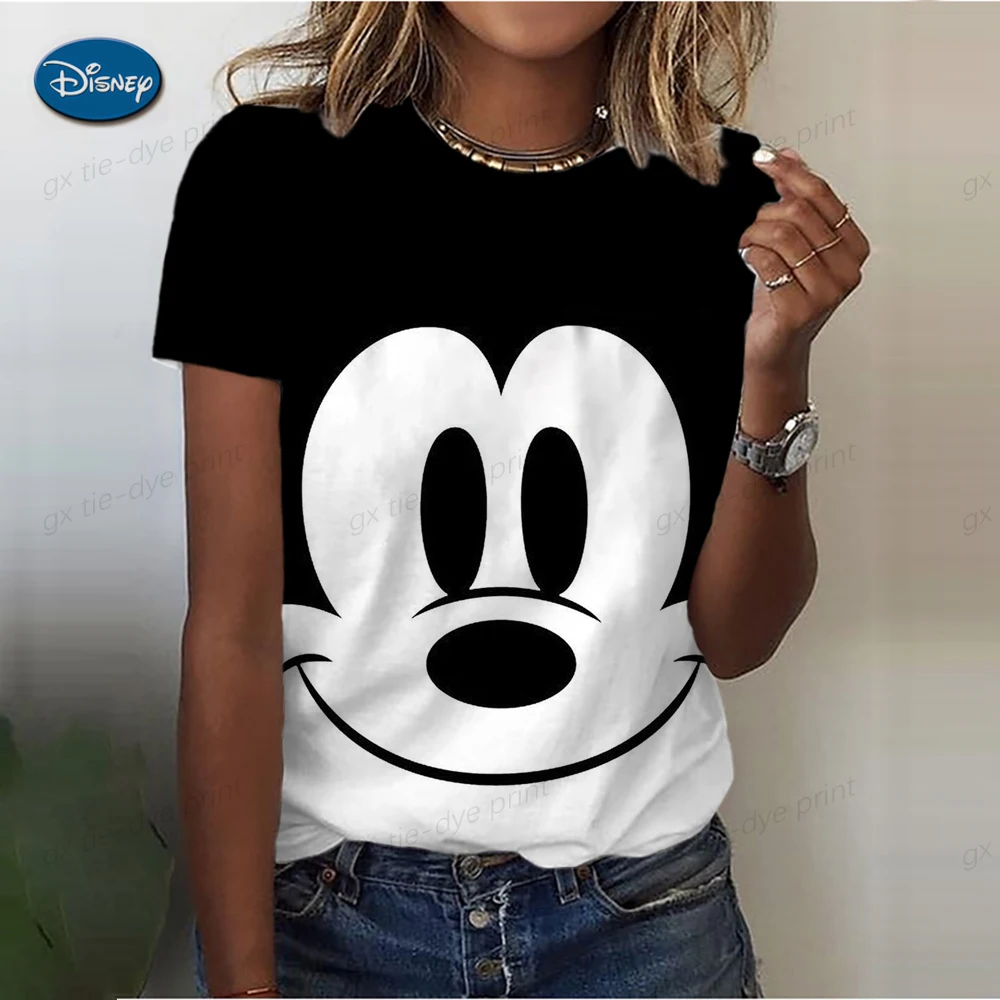 Śmieszna koszulka z nadrukiem Disney Mickey Mouse dla kobiet Modne topy z krótkim rękawem z dekoltem w szpic Letnia gorąca wyprzedaż Damskie