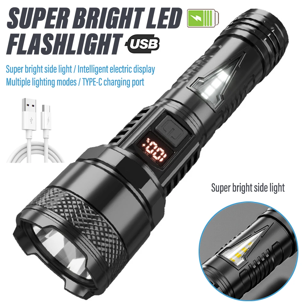 超高輝度充電式LED懐中電灯,ポータブルトーチ,屋外,キャンプ,スマート電気ディスプレイ付きライト