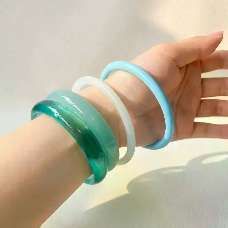 Blue Translucent Acrylic Resin Bracelet Set Beach Vacation Bangle Stackable Lightweight Jewelry Bohemia