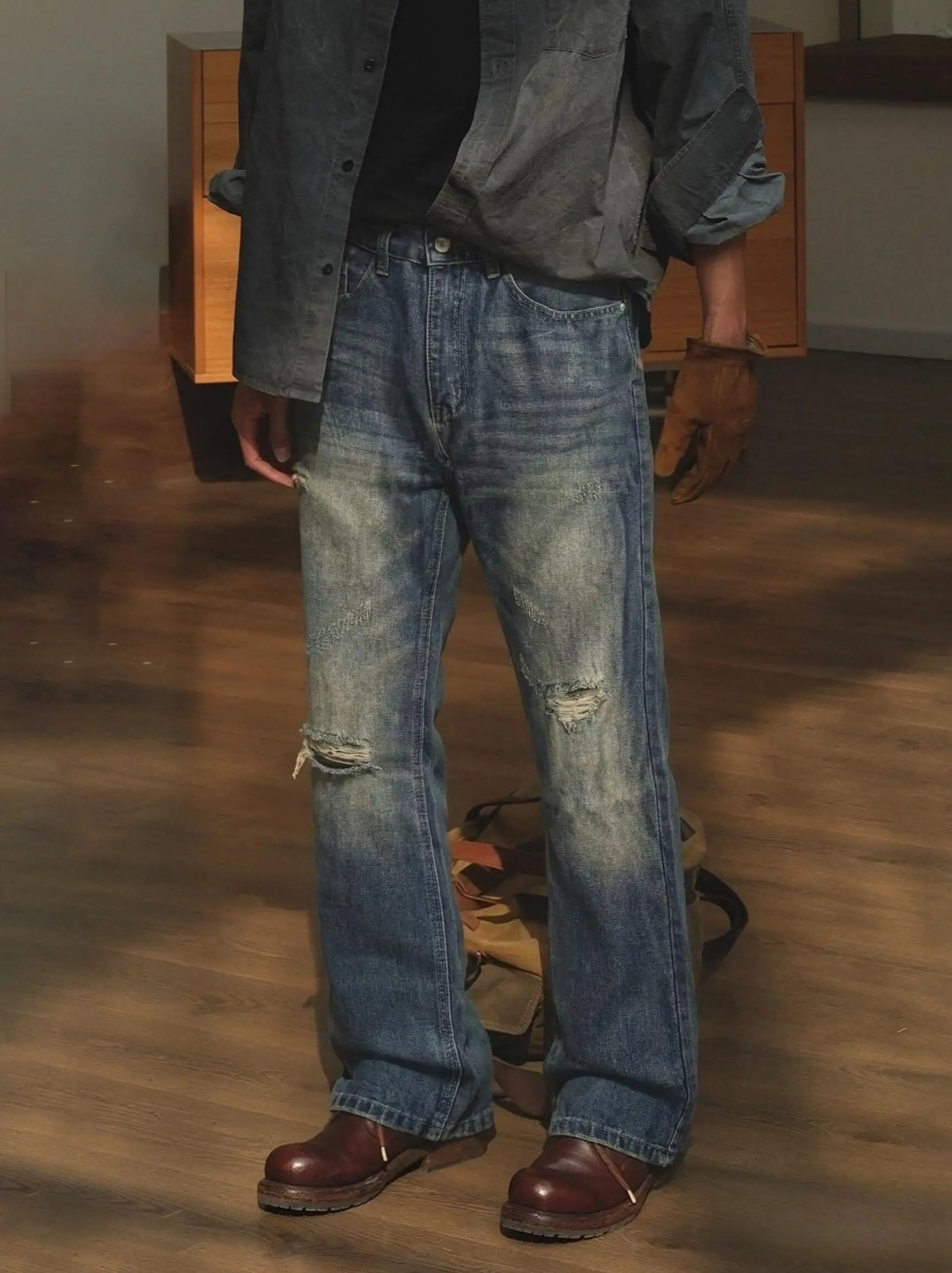【HME】Men's Jeans | Men Retro Flare-Cut Denim Pants, Dark Vintage Wash With Multi Ripped Fray Design, Stretch Elastic Waistband, Wide Leg Opening Denim Trousers, Ideal For Work-Outing Men Pants