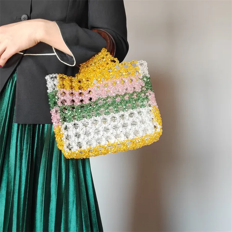 2021 Fashion design acrylic crystal  rainbow beads bag handmade weaving handbag for women