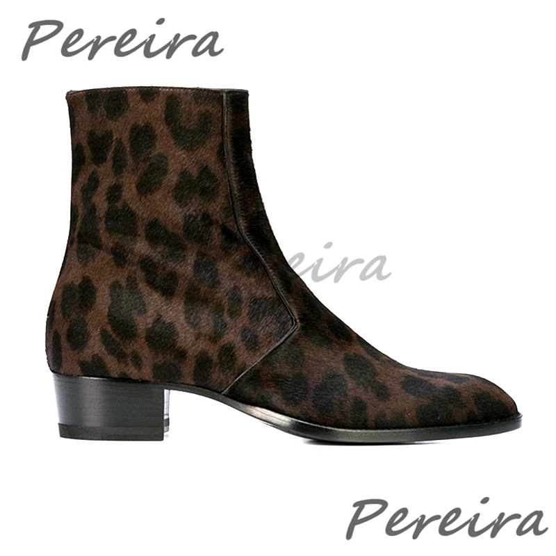 Autumn Winter Retro Men's Chelsea Boots Leopard Print Fur Genuine Leather Thick Heel Short Boots British Style Male Dress Shoes