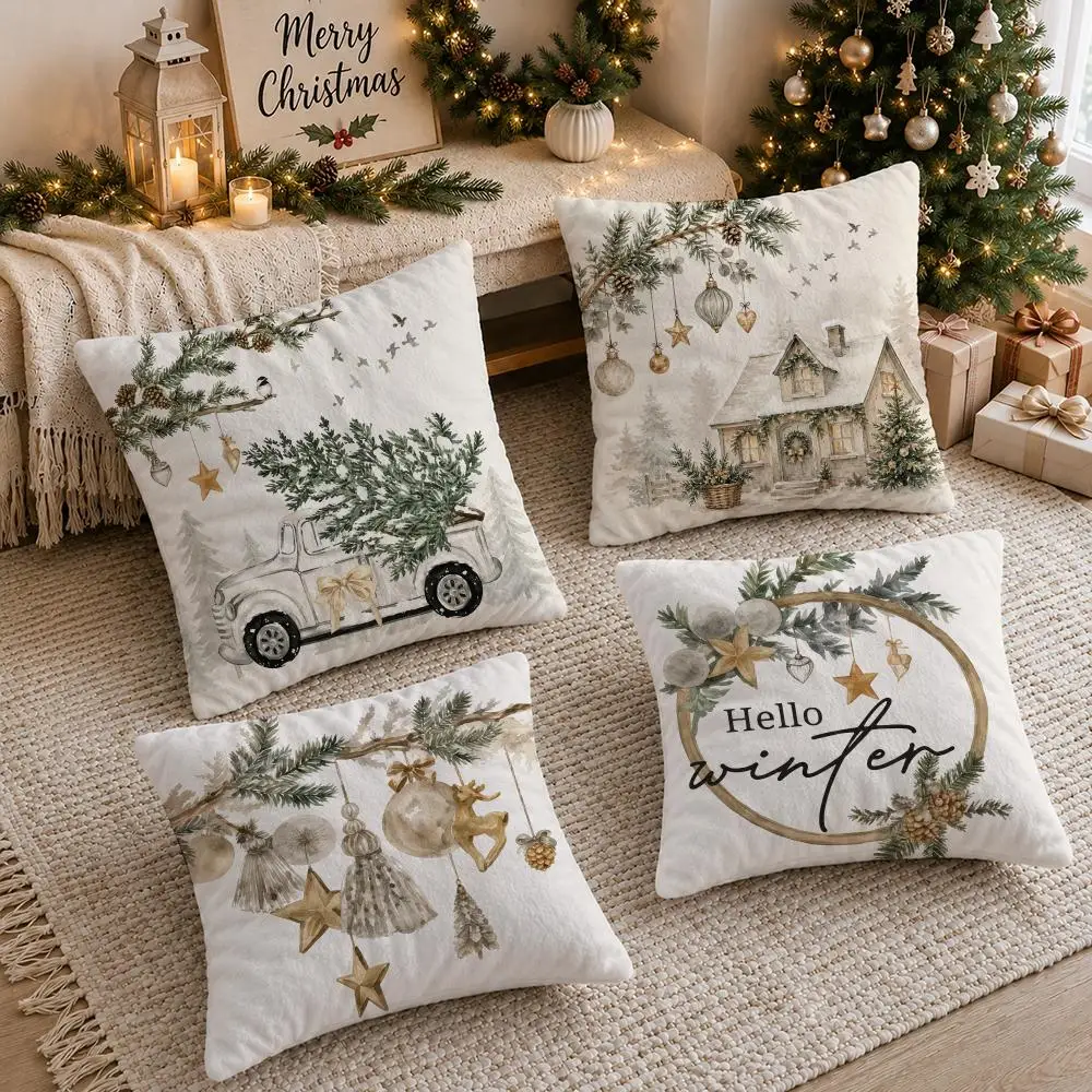 Christmas Hello Winter Cushion Cover Soft Short Plush Double-Sided Printing Sofa Home Decor Festival Pillow Case Gifts