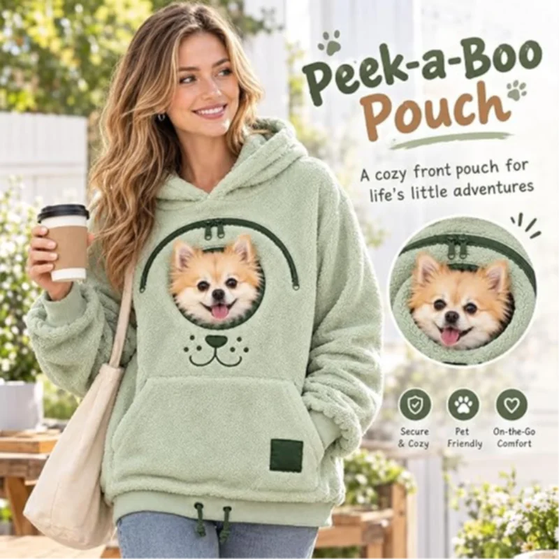 Pet Pocket Hoodie Women Men Fleece Sweatshirt Kangaroo Holder Pullover Winter Casual Loose Drawstring Soft Warm Daily Wear