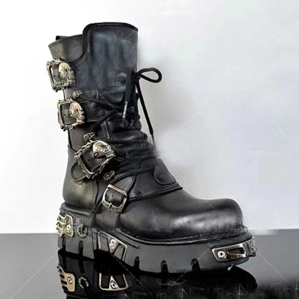 Men\'s Fashion Genuine Leather Motorcycle Boots Gothic Skull Punk Boots Design Rock Women Mid-calf Boots Metallic Combat Boot48