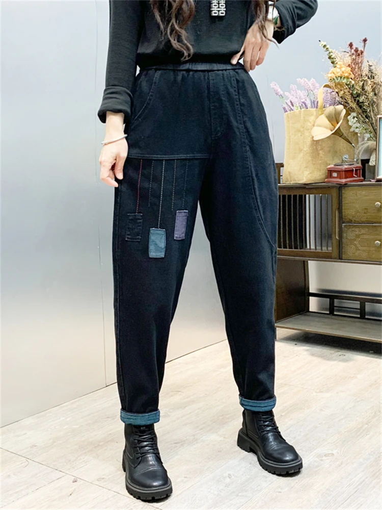 

Thicken Fleece Winter Warm Fashion Jeans Women Vintage Embroidery Patchwork Elastic Waist Harem Denim Pants Lady Casual Trousers