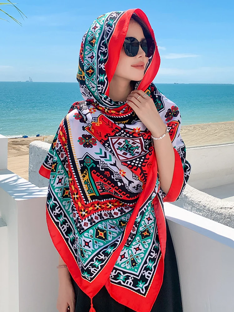 Summer Vintage Elegant Women Silk Scarf Beach Wrap Shawl Floral Print Lady Sunscreen Bandana Hijab Mujer Bohemian Scarve Pareo