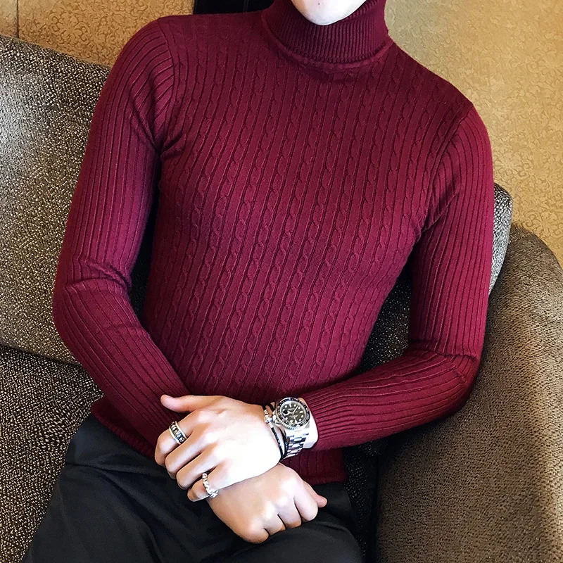 2023 Korean Slim Solid Color Turtleneck Sweater Mens Winter Long Sleeve Warm Knit Sweater Classic Solid Casual Bottoming Shirt