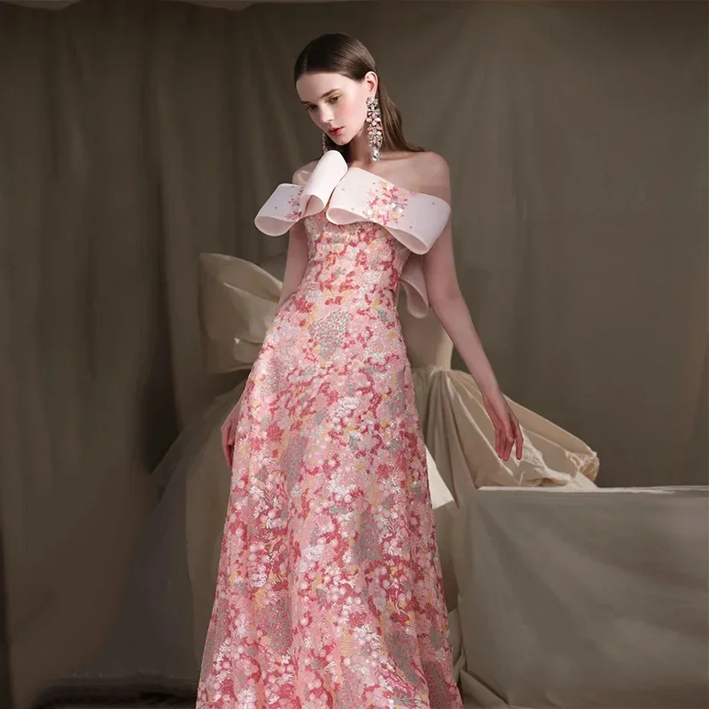 Luxury Pink Evening Dresses Women 2023 Sequined Fine Appliqué Off-shoulder Tulle Floor-length Long Formal Banquet Prom Gown