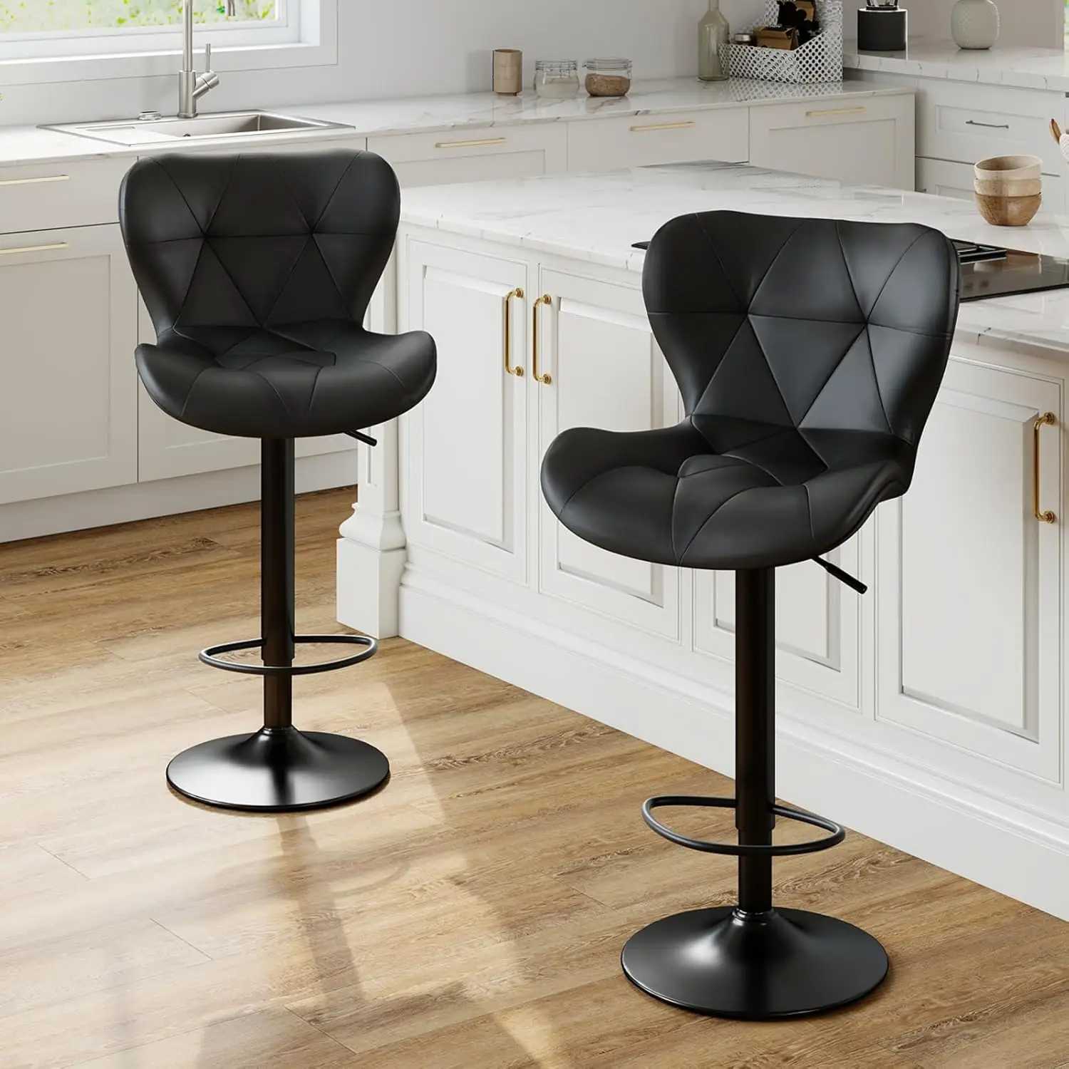 

Bar Stools Set Adjustable Faux Leather Swivel Counter Height Chairs Black