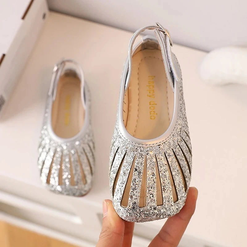 Classic Girls Kids Sequin Shoes Hollow Baby Girl Princess Dress Shoes Girls School Casual Shoes Soft Flats Footwear Size 21-30