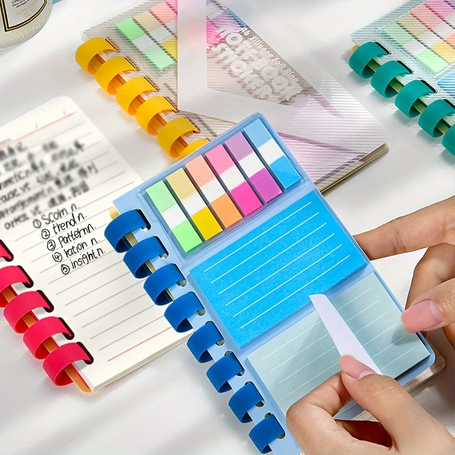A6 Notebook - Cute Sticky Note Pads, 40 Pages Notebook Loose Leaf Soft Rubber Ring Pocket Ledger For Refillable Journal Office