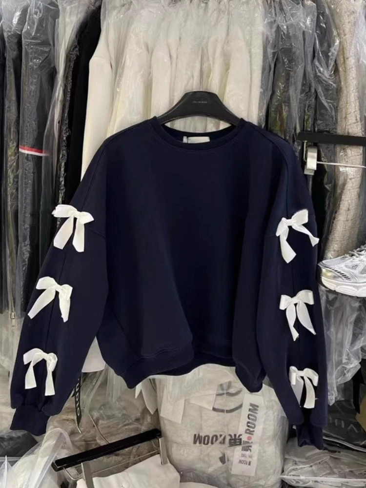 2025年韓国風レディースフーディー、オーバーサイズボウノットスウェットシャツ、キュートカジュアルプルオーバートップス、女性用秋Y2Kストリートウェア