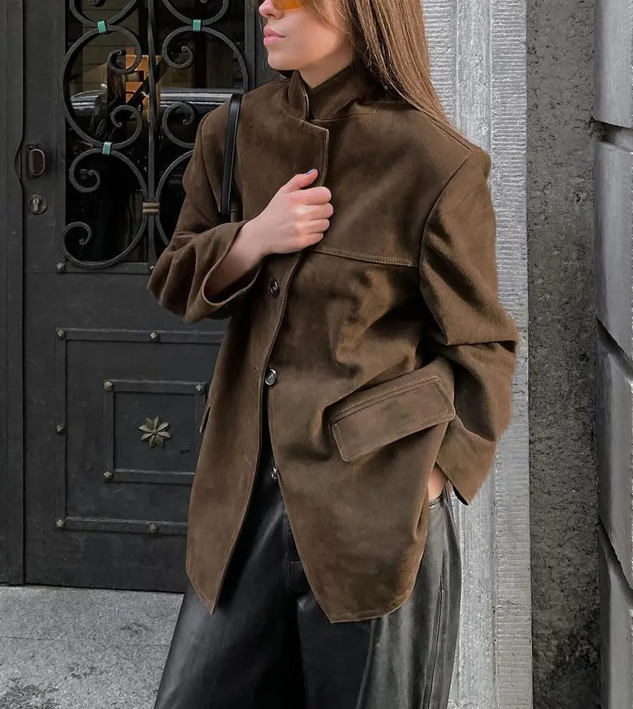 Jaqueta de couro de camurça feminina vintage único breasted lapela marrom blazer solto casacos 2025 outono senhora do escritório outerwears