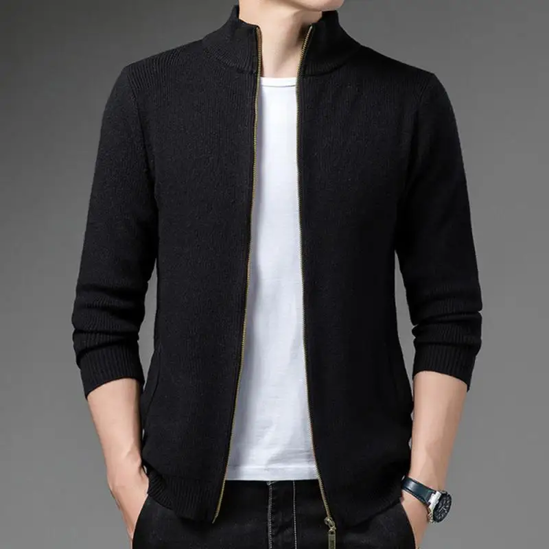 Autumn Winter Thick Mens Cardigan Sweater Jacket Solid Color Stand-Up Collar Zipper Young Men\'s Casual Coat Top Size M-3L Brand