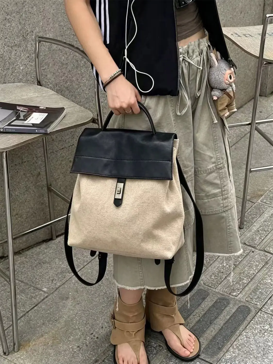 Retro Contrast Canvas PU Backpack Ladies Flip Lock Closure Handle Multi Pocket Large Capacity Casual Travel Rucksack