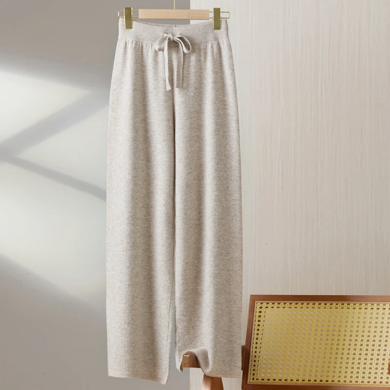 Addonee New Women Autumn Winter Cashmere Pants Basic Wide Leg Pants 100% Merino Wool Knitwear Soft Warm Casual Loose Trousers