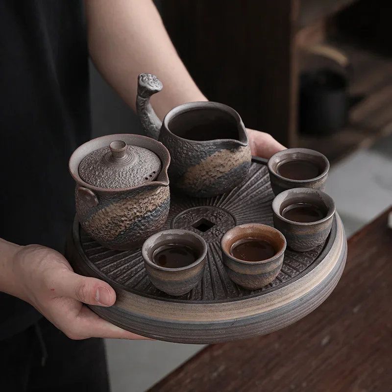 Retro Teapot Old Rock Mud Gilt Iron Glaze Tea Set Tea Tray Teapot Cups Complete Set Home Office Ceramic Kung Fu Tea Set Gift Box