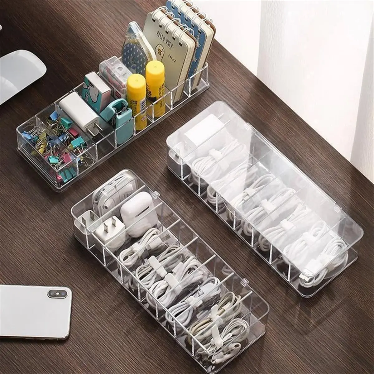2026 Trend Headphone Data Cable Charging Cable Storage Box Desktop Stationery with Transparent Plastic Data Cable Storage Box