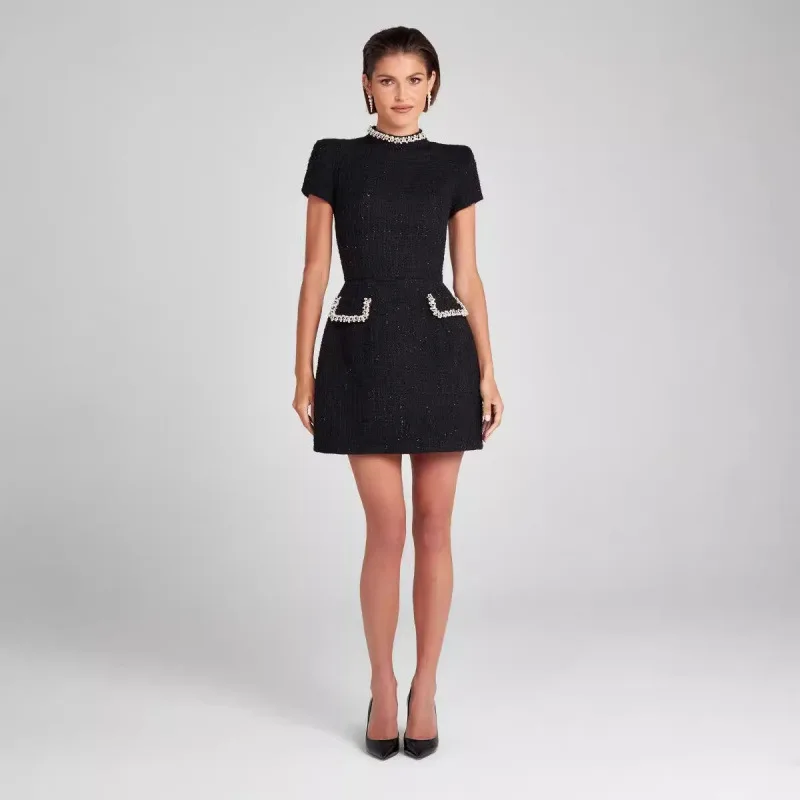 Autumn And Winter Slim Fit Round Neck Nail Bead Small Fragrant Style Dresses Elegant Women's Solid Color Long Sleeved Mini Dress