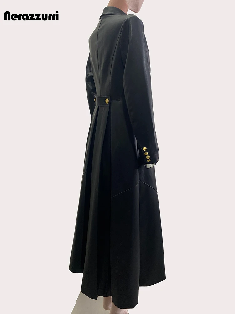 Nerazzurri Lente Herfst Rokken Lange Zwarte Zachte Pu Lederen Trenchcoat Voor Vrouwen Dubbele Rij Knopen Elegante Luxe Chique Overjas