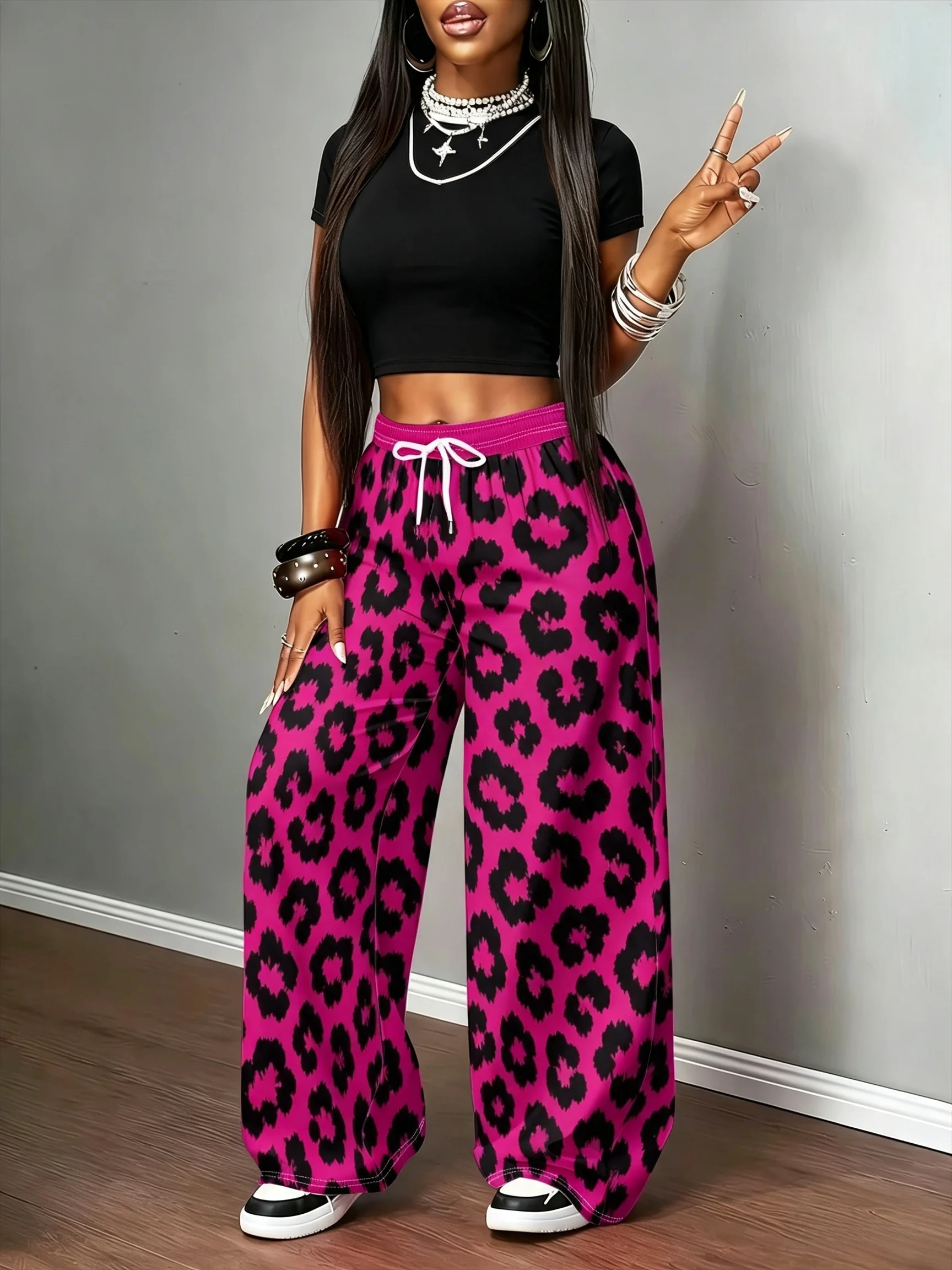 Modische Klassische Leopardenmuster Damen Freizeit-Sporthose Y2K Street Trend Style Plus Weit 3D-Druck – Detail 5