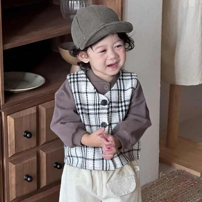 

2025 Autumn New Children Plaid Vest Boys Girls Sleeveless Coat Baby Casual Cardigan Toddler Vest Jacket Fashion Kids Clothes