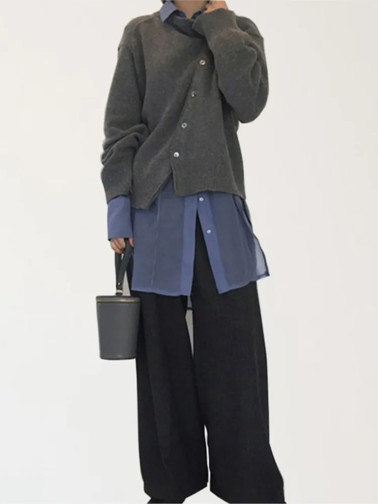 เสื้อคาร์ดิแกนไหมพรมแขนยาวคอโอ ทรงหลวม สไตล์ลำลอง สำหรับผู้หญิง  แบบติดกระดุมเฉียง  สำหรับฤดูใบไม้ร่วงและฤดูหนาว