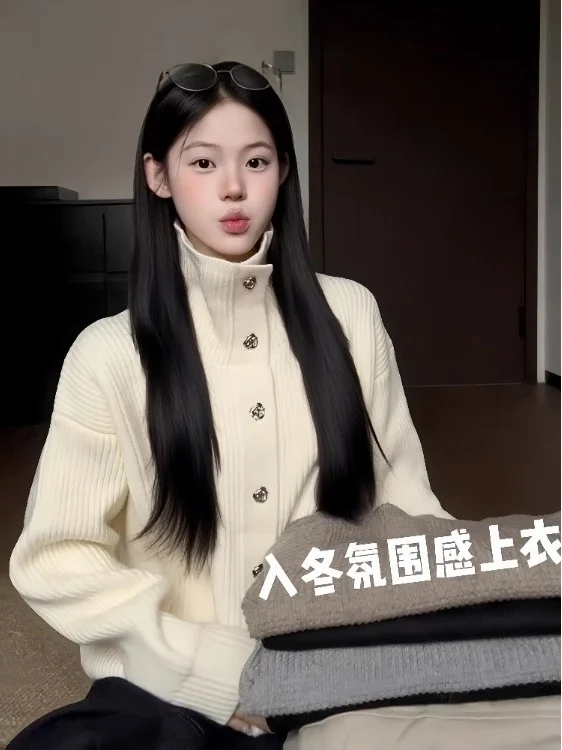 

Loose Women's White High Collar Sweater Cardigan Lazy Sle Knitted Top for Autumn Winter Comfortable Breathable Casual Outer...