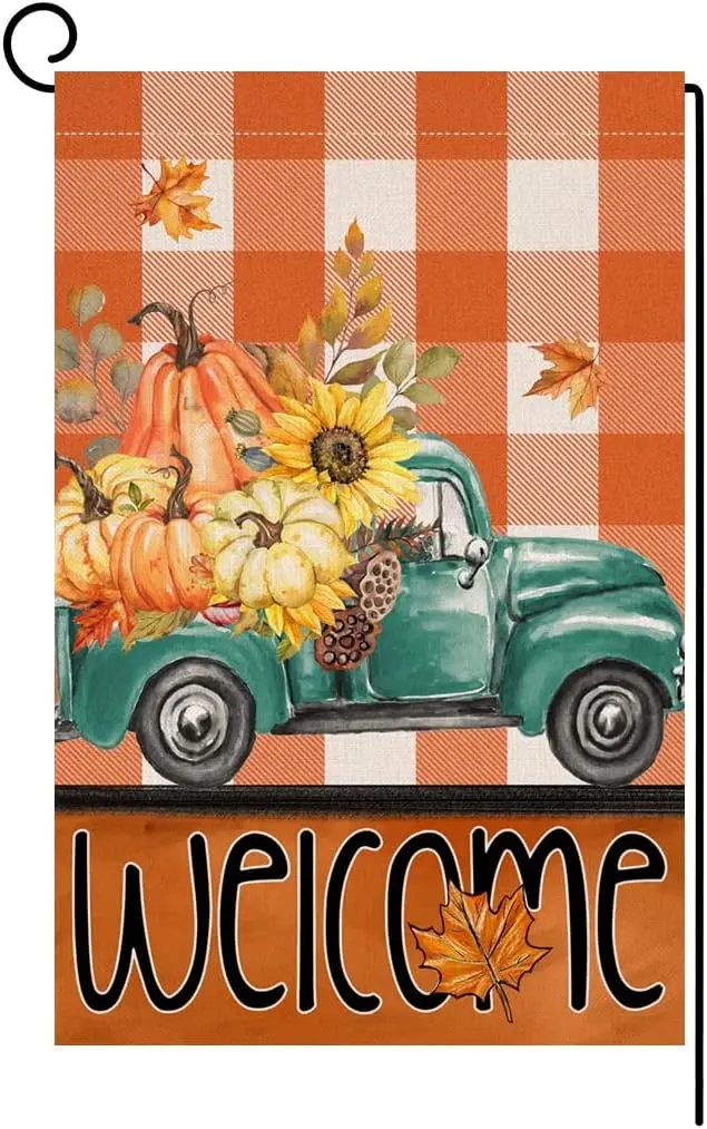 BLKWHT Fall Garden Flag 12x18 Vertical Double Sided Floral Pumpkin Truck Autumn Thanksgiving Holiday Outside Decorations Bur SSL
