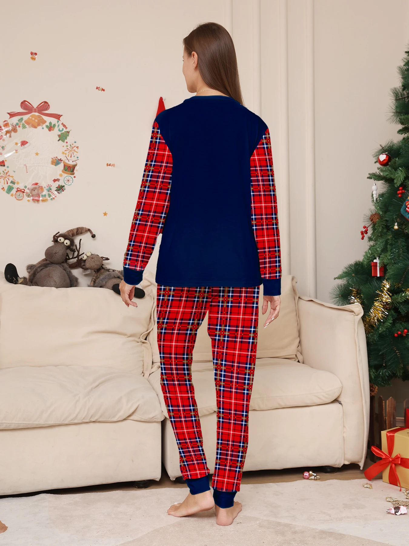 Christmas Couple Sleepwear Set - Long Sleeve Navy Santa Hat Reindeer "Merry Christmas" Print & Red Plaid Pants Pajamas
