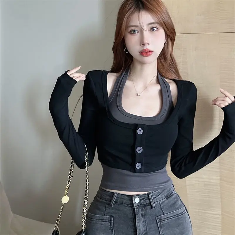 

Женские тонкие короткие футболки с лямкой на шее, жилет из двух предметов, женский костюм на весну и осень, модный сексуальный укороченный топ, комплект жилета 2025 года, новая женская одежда