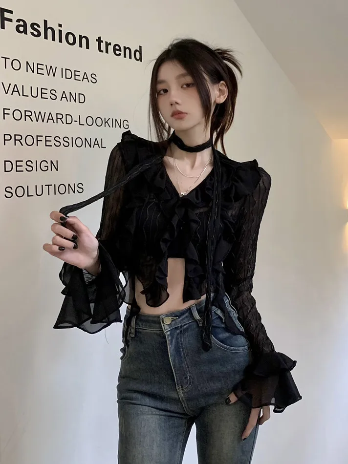 

Low Cut Long Sve T-irt Women's Winter Sexy Floral Tie Belted Asymmetrical Design Casual Sle Ci Walk Suitable for Girls