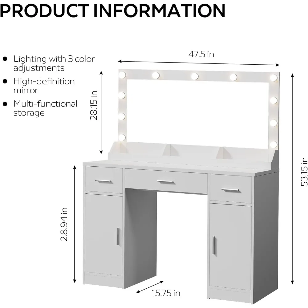 47.5” Vanity Desk with Large Mirror, 3 Colour Lighting Modes, Adjustable Brightness, 3 Drawers, 2 Vertical Cabinets, Vanity