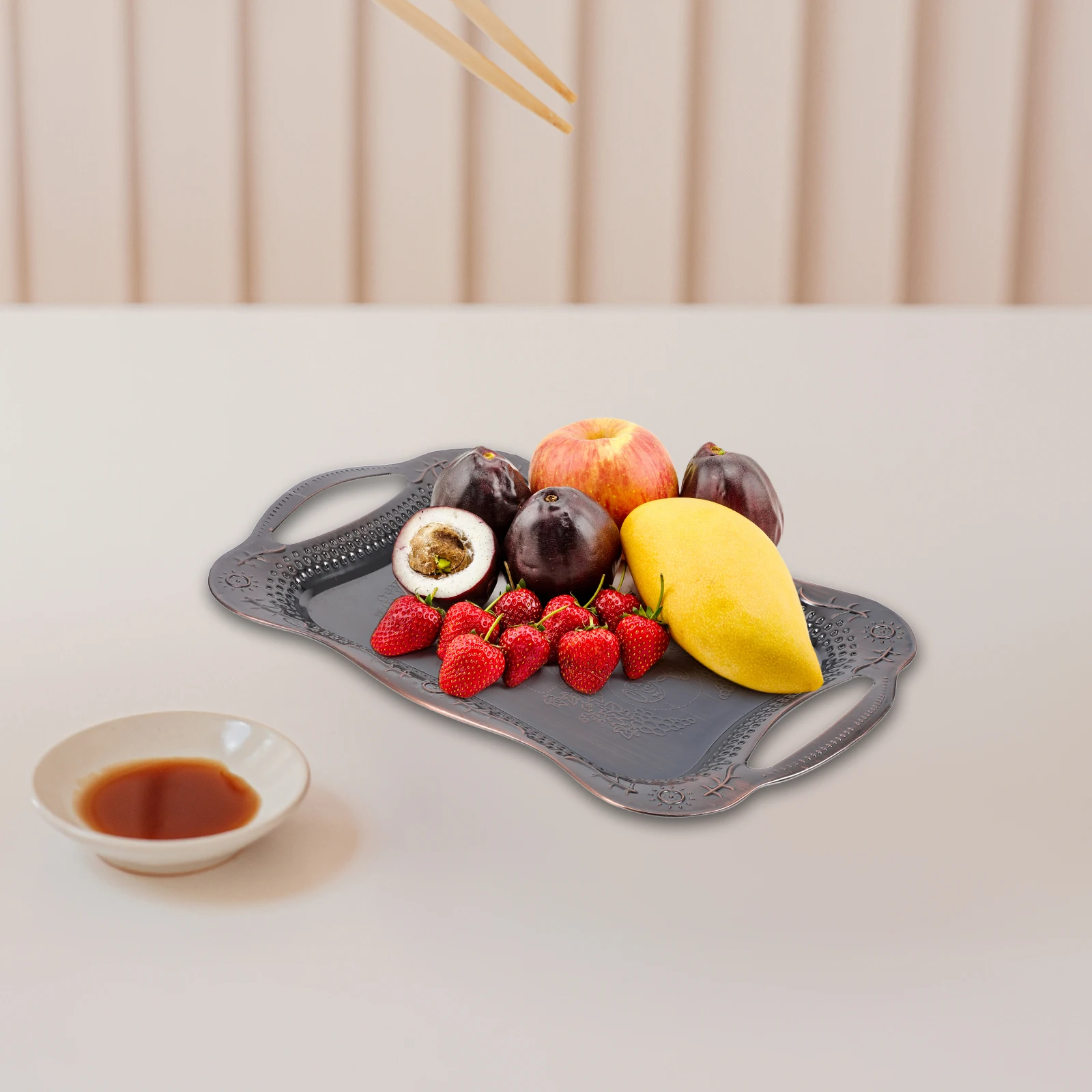 

Retro Tray Platter Stainless Steel Large Red Bronze Rectangular Portable Home Office Party Picnic Fruit Candy Snack Serving Dish