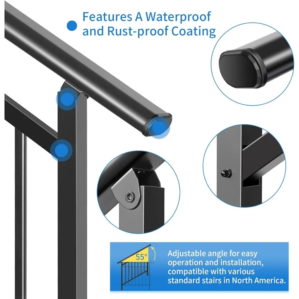 ترقية مجموعة درابزين الدرج الخارجية - درابزين قابل للتعديل بأربعة خطوات، سهل التركيب بنفسك، حديد أسود، متانة تدوم طويلاً #3