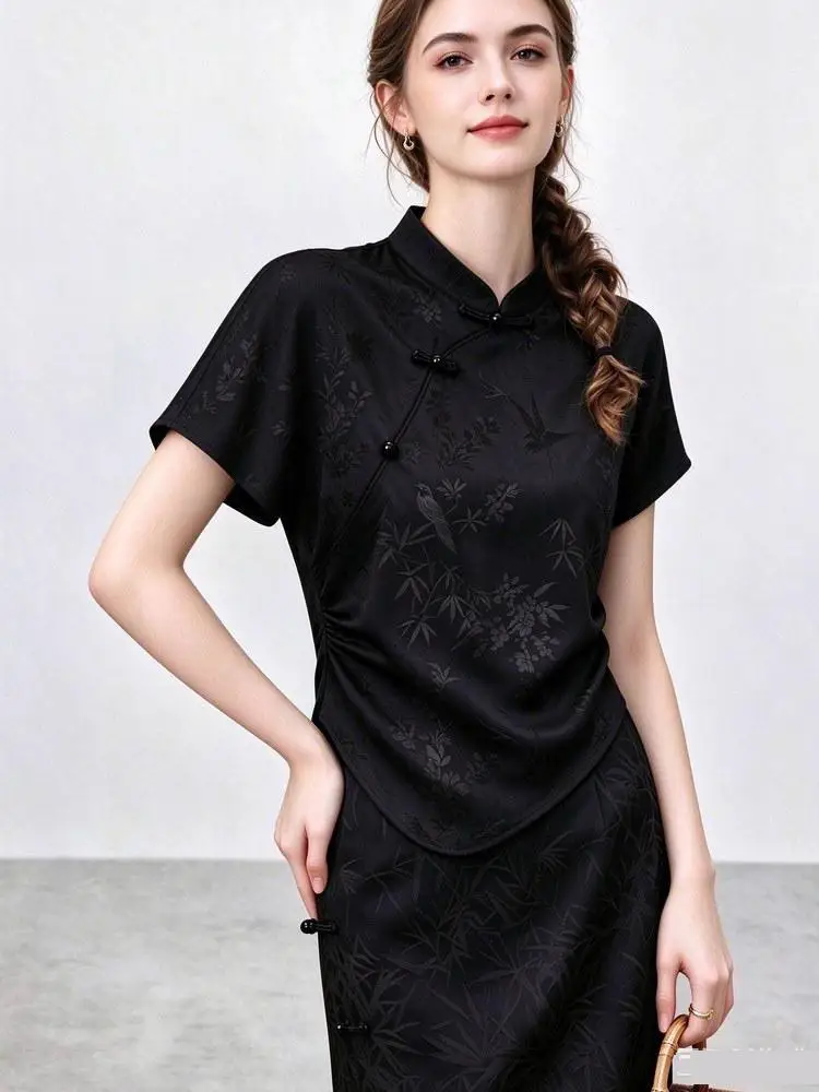 2026 New Chinese Style Black Jacquard Qipao Blouse Women Summer Short Sleeve Frog Button Mandarin Collar Vintage Casual Top