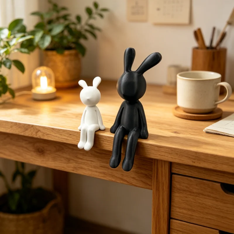 2pcs/Set: A Pair of Decorative Seated Rabbit Figurines in a Modern Black-and-White Design; Creative, Cute, and Soothing Animal
