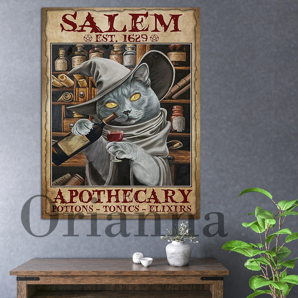 Witch Cat And Wine Poster, Salem Apothecary Potions-Tonics-Elixirs Poster, Magic Wall Art, Wicked Witch Vintag Canvas Painting