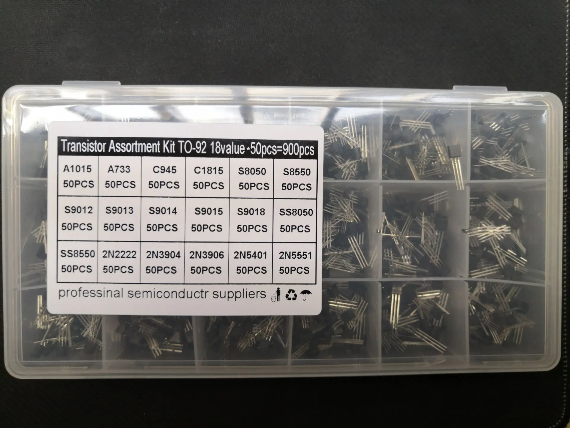 900pcs Transistor Kit S9012/9013/9014/9015/9018 SS8050/8550 C945/1815 S8050/8550 A1015/733 Box 2N2222A 3904 3906 5401 5551