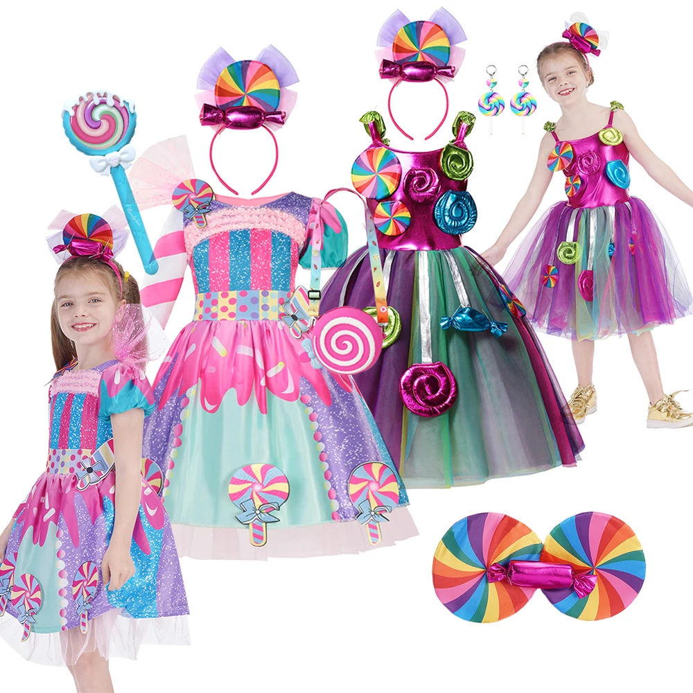 2024 Candy Costume Cosplay Rainbow Dress Girls Fancy Carnival Party Purim Festival Celebrate Princess Cosplay Lollipop Headband