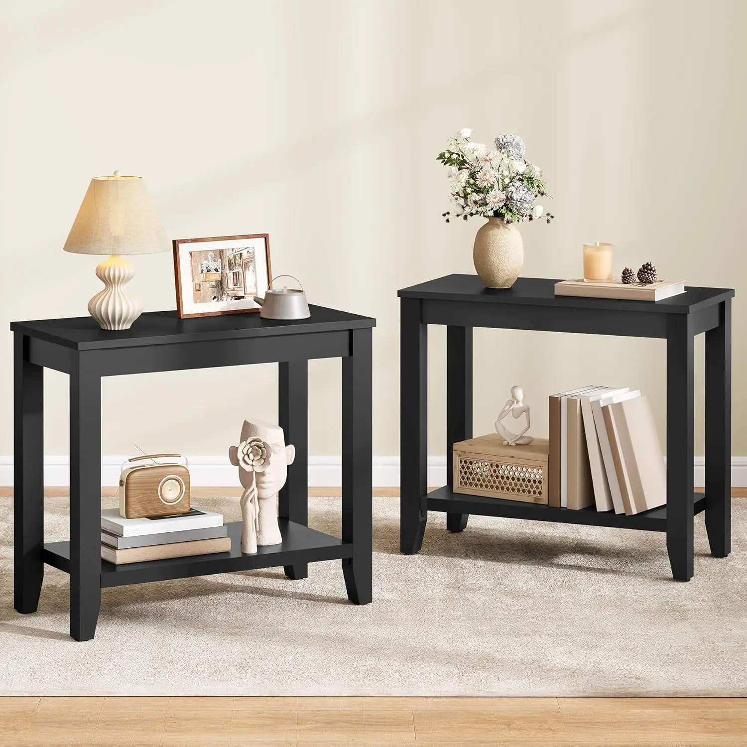 

End Table with Double Storage Shelves, Sturdy Wooden Side Table for Living Room, Bedroom, Modern Nightstand Sofa Table for Sm