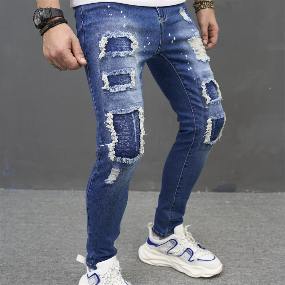 

2023 Mens Jeans New High Street Washed Perforated Pants Holes Denim Pants Streetwear Fashion Full Length Ripped Jeans