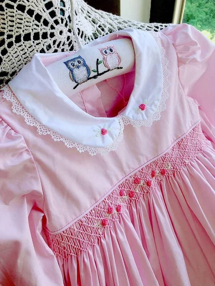 Smocked Pink Dress Baby Girl Vintage Spanish Frock Handmade Smocking Emboridery Toddler infant Children Boutique Clothes Outfit