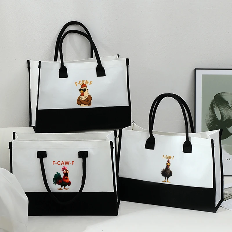 

2026 New F-CAW-F Chicken Cartoon Style Animal Meme Women Handbag Large Black-and-white Color-blocked Tote Bag Party Gift