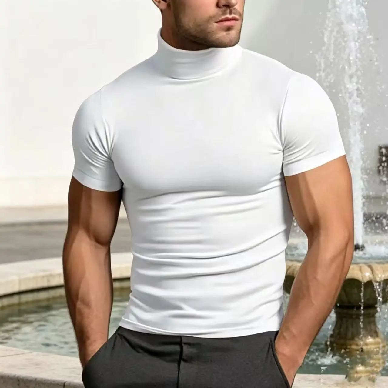 Cross-Border Herrenbekleidung Spot 2026 Sommer Einfarbiges Kurzarm-Mode-Unterhemd Enganliegendes Herren-Rollkragen-T-Shirt