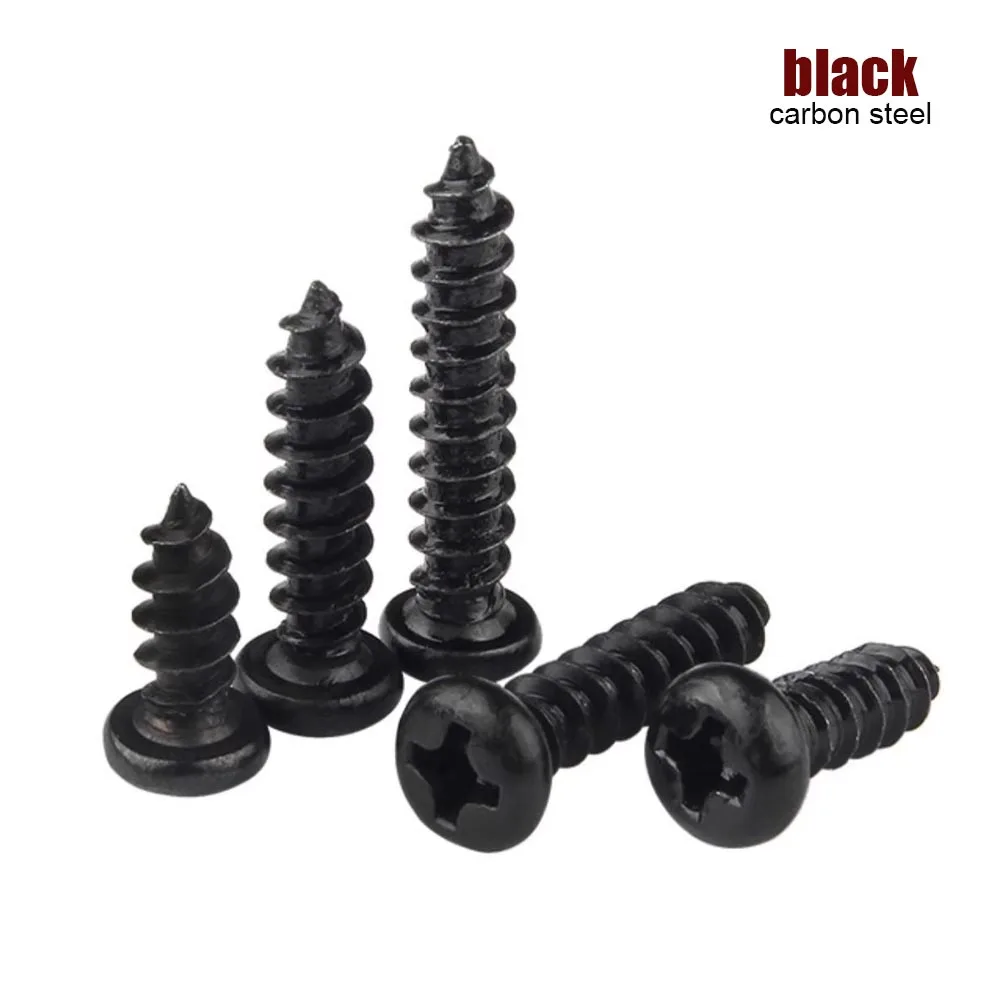 50/200pcs M1 M1.2 M1.4 M1.7 M2 M2.3 M2.6M3 M3.5 M4 GB845 Black Steel Small Phillips Cross Round Pan Head Self-tapping Wood Screw