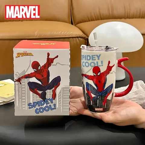 Marvel Ceramic Straw Cup Spider Man Captain America Iron Man Hulk Avengers Superheroes Water Milk Coffee Anti Scald Mug 580ml